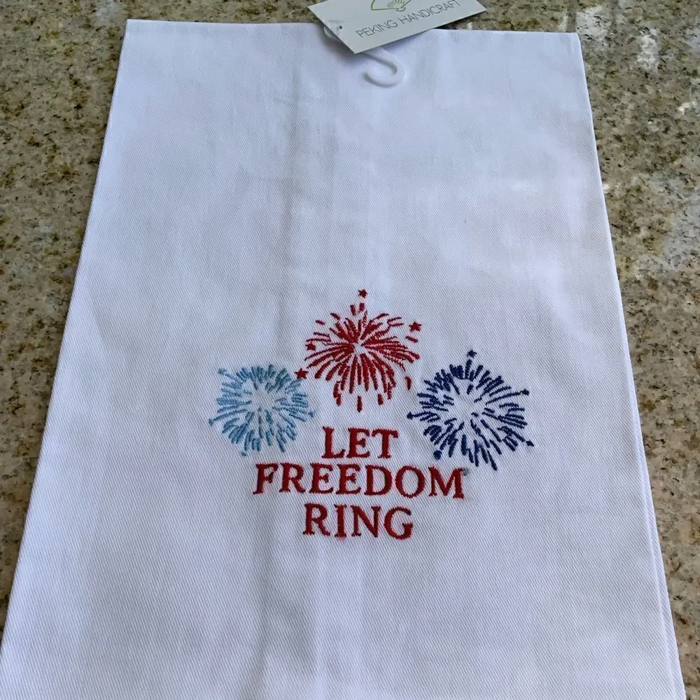 Let Freedom Ring White Cotton Embroidered Towel Red, White & Blue NWT